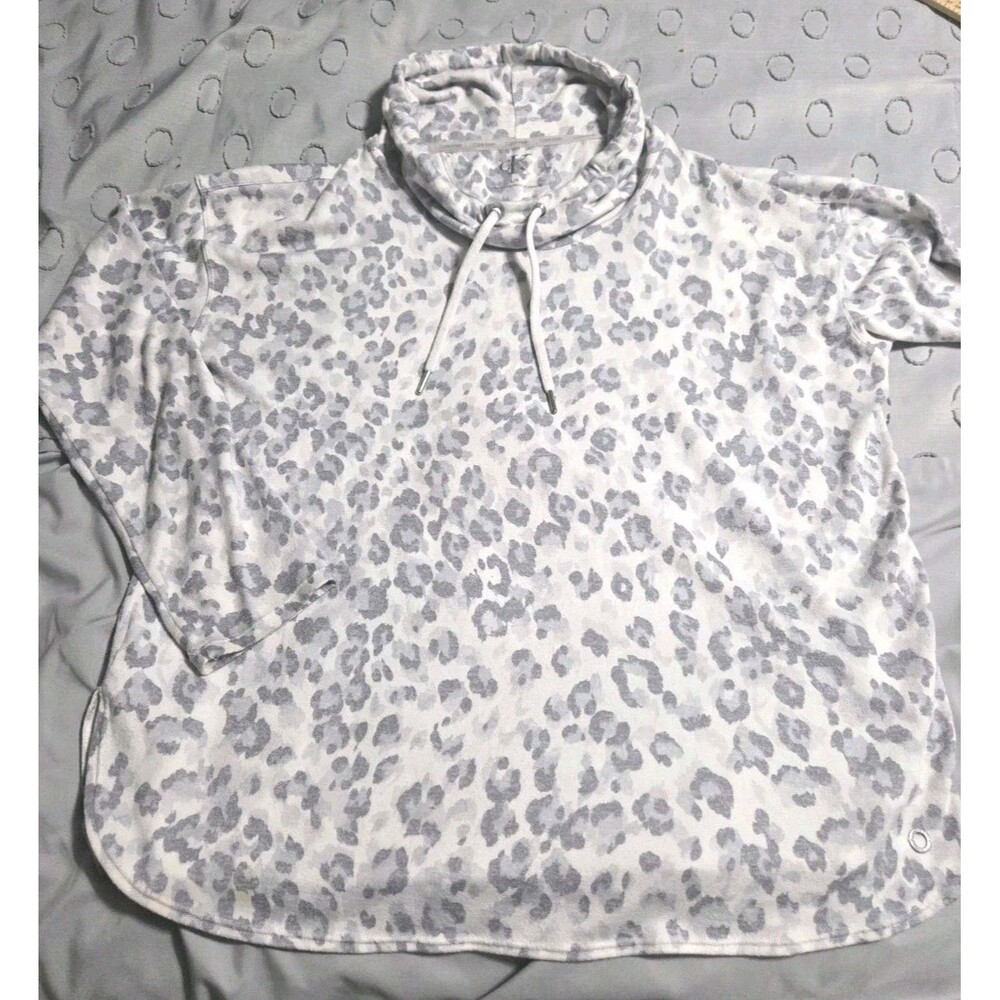 Calvin Klein Hoodie Sweatshirt L Large Gray White Leopard Animal Print Cowl Neck